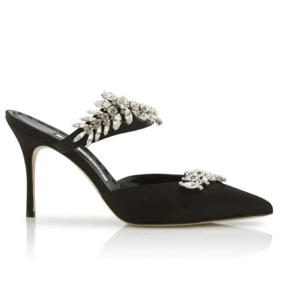 Manolo Blahnik Women's Black Lurum Embellished Mule Shoe Sz US 7/EU 37 - Picture 2 of 11